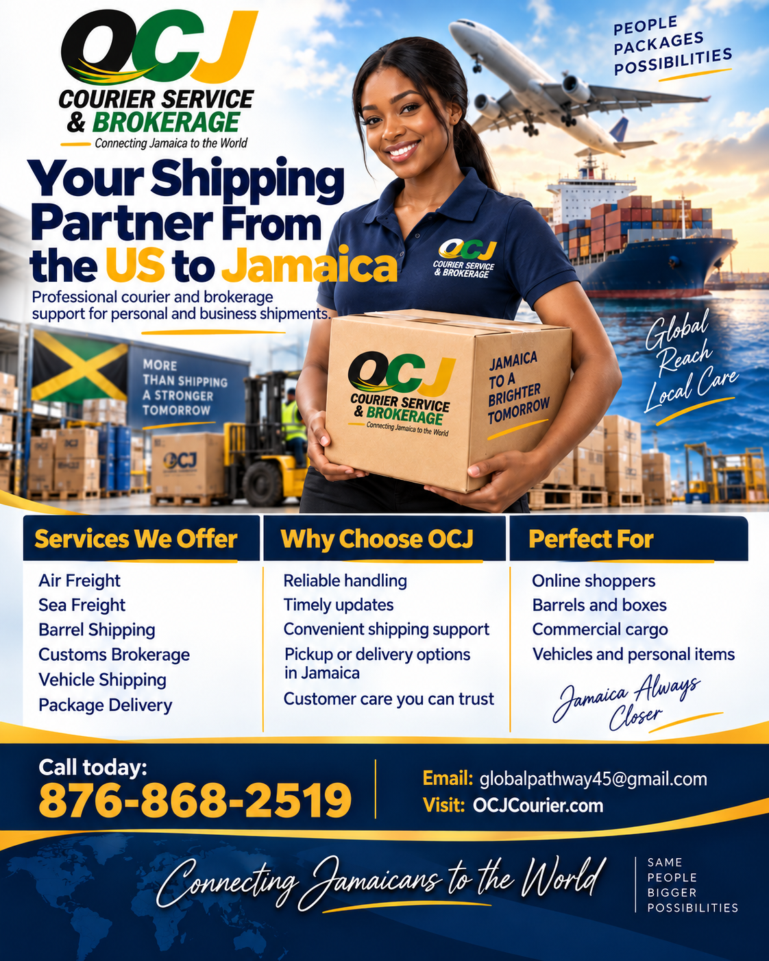 OCJ Courier Service — Your Shipping Partner from the US to Jamaica. Air freight, sea freight, barrel shipping, customs brokerage, vehicle shipping, package delivery.